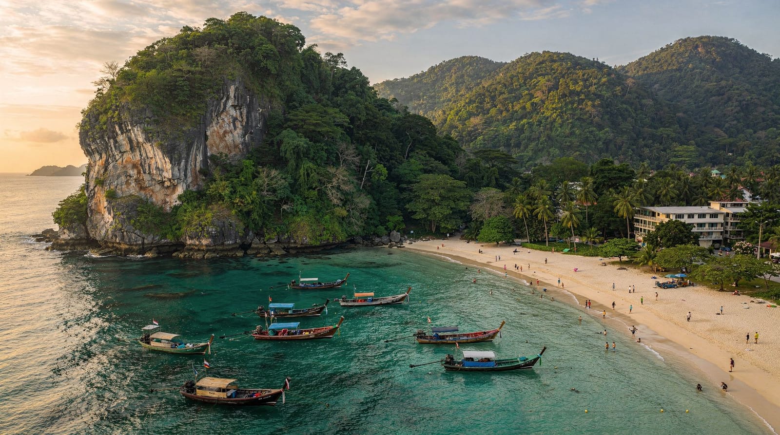 Longtail boats on the Andaman Sea off Phuket at sunset